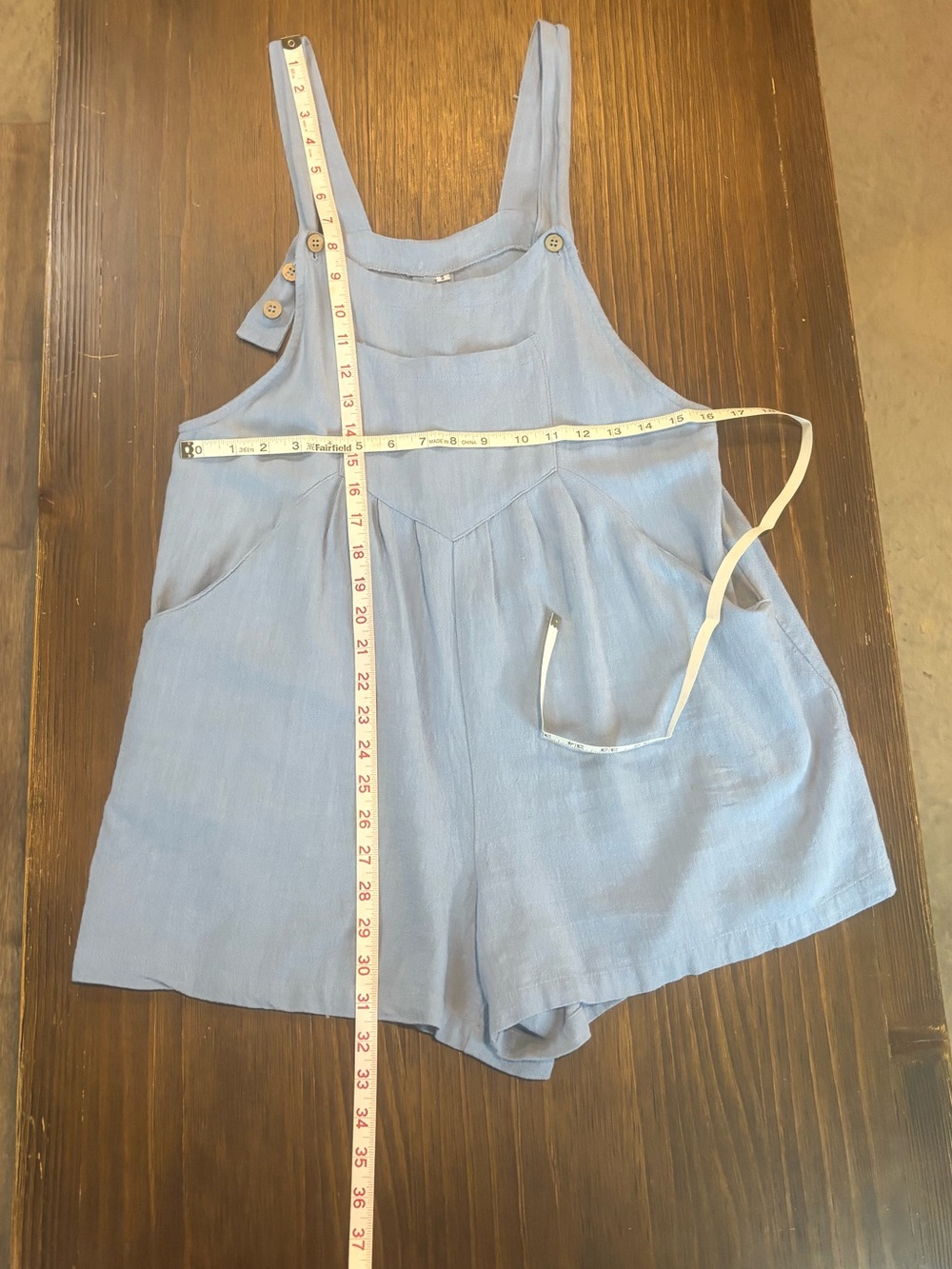 Light Blue Linen-Blend Pinafore Romper - Picture 7 of 9